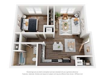 a 1 bedroom floorplan is shown in this rendering