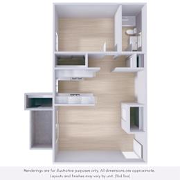 A 3D rendering of a modern apartment layout with a kitchen, living room, and bedroom.