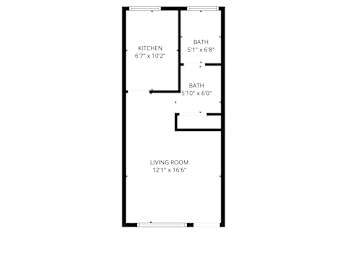 A floor plan of a small apartment with a kitchen, two bathrooms, and a living room.