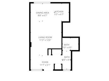 A floor plan of a house with a dining area, kitchen, living room, and two bathrooms.