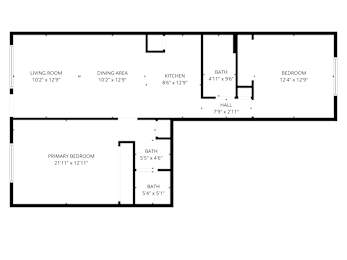 A floor plan of a house with a living room, dining area, kitchen, two bathrooms, a hall, a primary bedroom, and a bedroom.