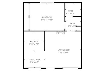 A floor plan of a house with a living room, dining area, kitchen, and two bedrooms.