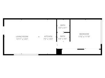 A floor plan of a small apartment with a living room, kitchen, bathroom and bedroom.