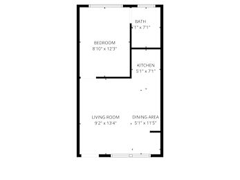 A floor plan of a small apartment with a living room, dining area, kitchen, bathroom and bedroom.