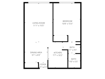 A black and white image of a floor plan for a small apartment.