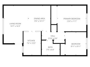 A floor plan of a house with a living room, kitchen, dining area, and bedrooms.