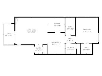 A floor plan of a house with a living room, dining area, kitchen, bedroom, bathroom, laundry, and foyer.