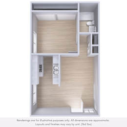 A 3D rendering of a small, modern apartment with a kitchen area and a bathroom.