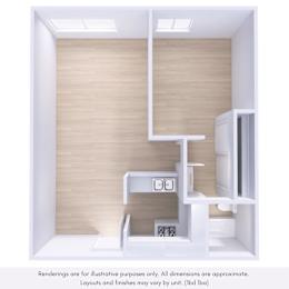 A rendering of a kitchen with wooden walls and white cabinets.