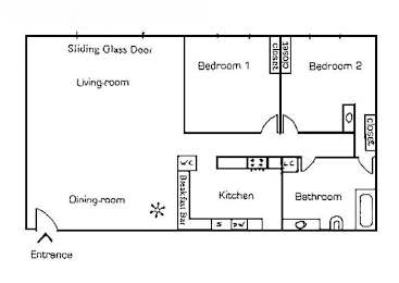A floor plan of a house with a living room, dining room, kitchen, two bedrooms, and a bathroom.