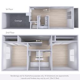 A diagram showing the layout of a house with a garage and two floors.