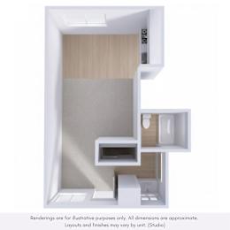 A 3D rendered image of a bathroom with a toilet, sink, and mirror.
