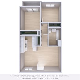 A 3D rendering of a modern, minimalist apartment layout.