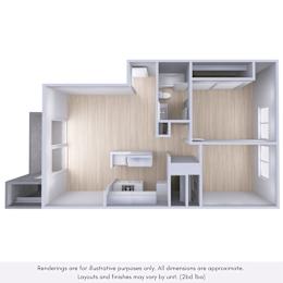 A 3D rendering of a small, modern apartment with a kitchen area.