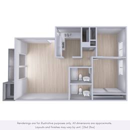 A 3D rendering of a small, modern, and minimalistic bedroom with a lofted area above the bed.