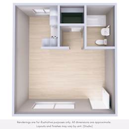 A 3D rendering of a small, modern bathroom with a toilet, sink, and mirror.