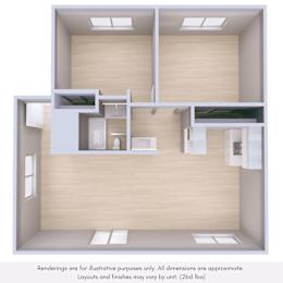 A 3D rendered image of a small, modern apartment layout.