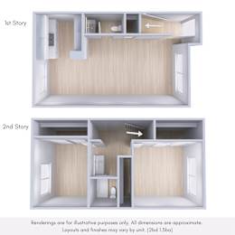 Two images of a room with different layouts and finishes.