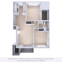A 3D rendering of a house layout with wood paneling and white walls.