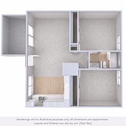 A 3D rendering of a white room with a wooden floor and a window.