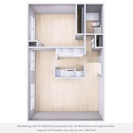 A 3D rendering of a small, modern apartment with a kitchen, living room, and bedroom.