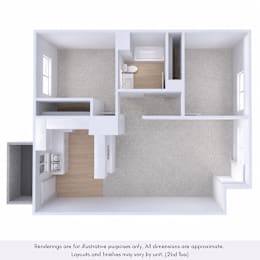 A 3D rendering of a small, modern apartment with a kitchen, living room, and bedroom.