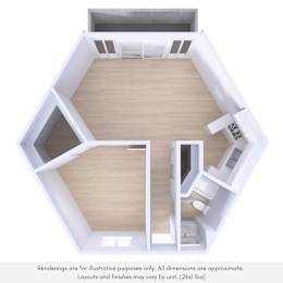 A top-down view of a house interior with a kitchen, living room, and one bedrooms.