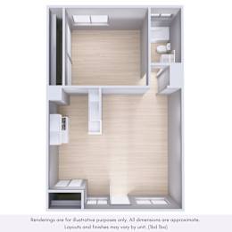 A 3D rendering of a modern, minimalist interior design with a kitchen, living room, and bathroom.