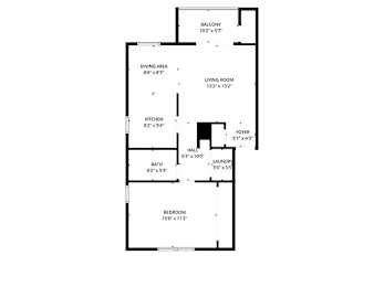A floor plan of a house with a balcony, living room, dining area, kitchen, bath, laundry, and bedroom.