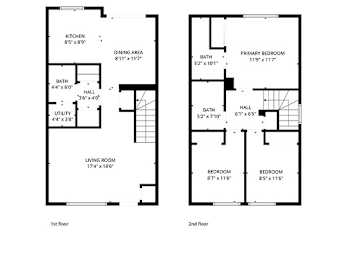 A floor plan of a two-story house with labeled rooms and dimensions.