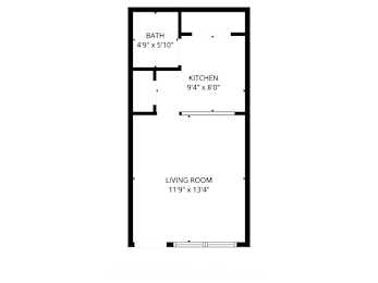 A floor plan of a small apartment with a bath, kitchen and living room.