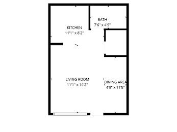 A floor plan of a room with a kitchen, living room, bathroom and dining area.