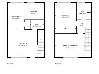 A floor plan of a two-story house with labeled rooms and dimensions.