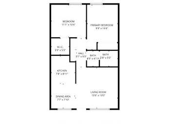 A floor plan of a house with labeled rooms and their dimensions.