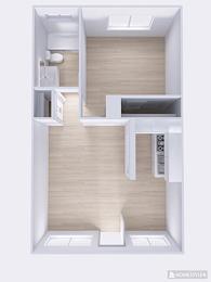 A white floor plan of a small apartment with a kitchen, living room, and bathroom.