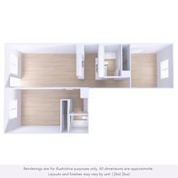 A rendering of a house with two bedrooms and a living area.