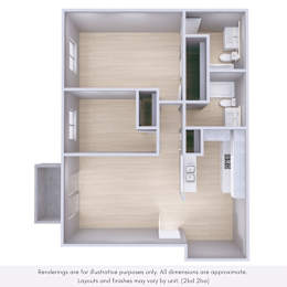 A 3D rendering of a house layout with a kitchen, living room, and bathroom.