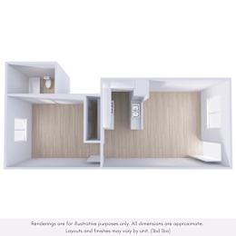 A 3D rendering of a modern, minimalist interior design with a split-level layout.