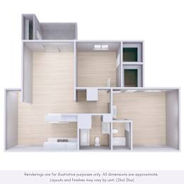 A 3D rendering of a modern, minimalist interior design.