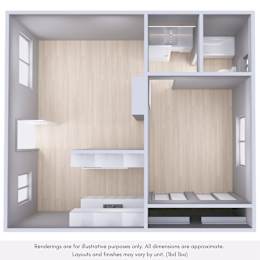 A rendering of a room with a bed, a desk, and a window.