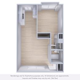 A 3D rendering of a modern interior space with wooden floors and white walls.