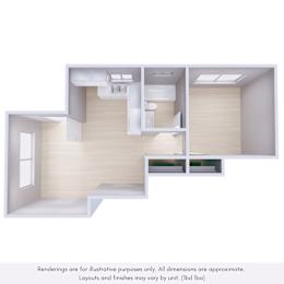 A 3D rendering of a modern, minimalist interior design with a central staircase and a kitchen area.