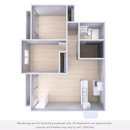A 3D rendering of a house layout with a kitchen, living room, and bathroom.