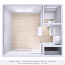 A rendering of a small, modern kitchen with a sink, stove, and cabinets.