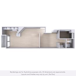 A 3D rendering of a modern interior space with a staircase and a kitchen area.