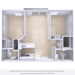 A 3D rendering of a modern, minimalist room with a kitchen area.