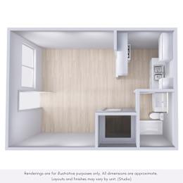 A rendering of a modern kitchen with a sink, stove, and cabinets.