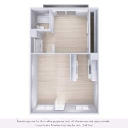 A floor plan of a small apartment with a kitchen, living room, and bathroom.