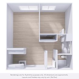 A rendering of a modern, minimalist room with a skylight, built-in shelves, and a small desk.