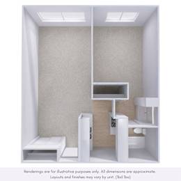 A 3D rendered image of a small, white room with a desk and a bench.